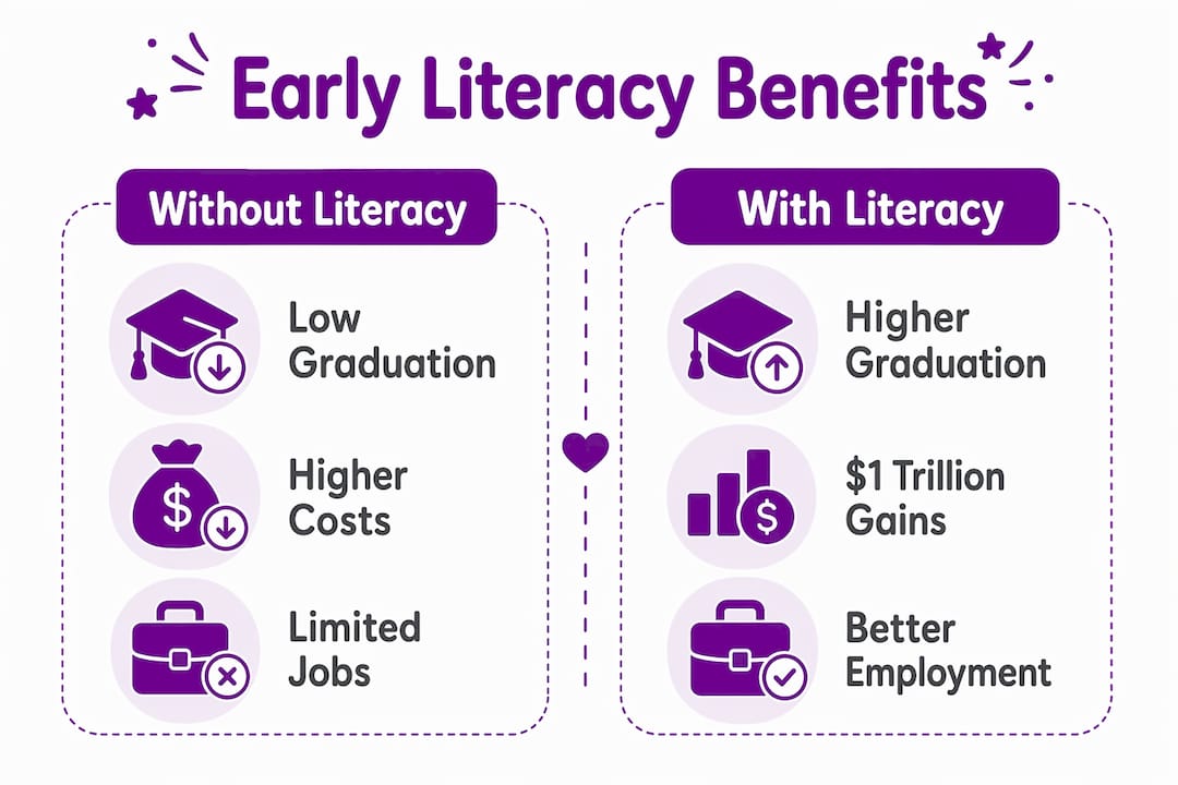 Infographic comparing benefits of early literacy versus lack thereof