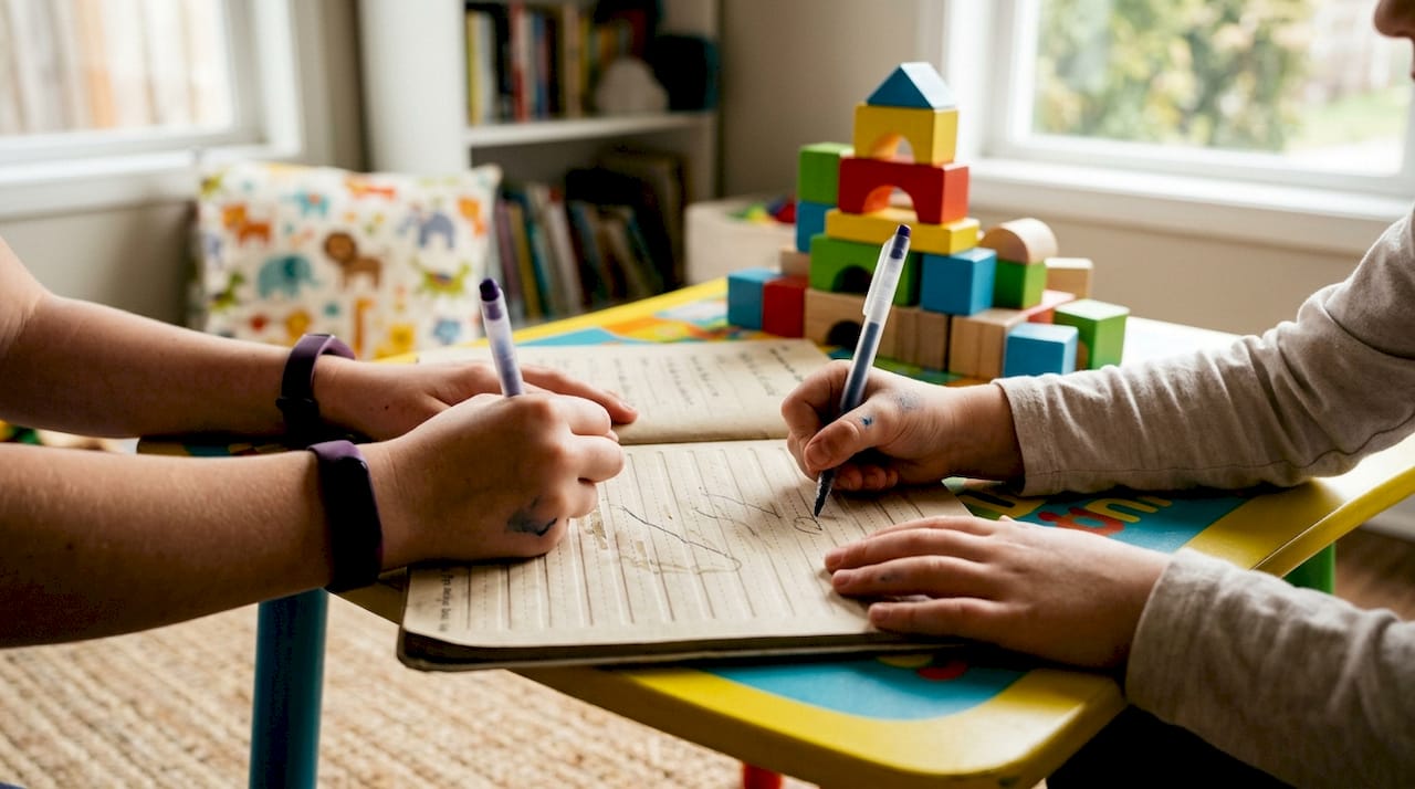 Children hands using reusable writing book with tactile feedback