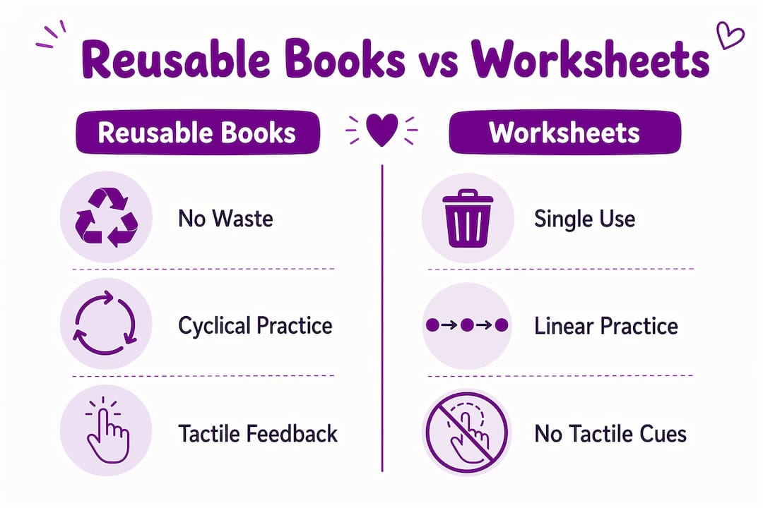 Comparative infographic on reusable books versus worksheets