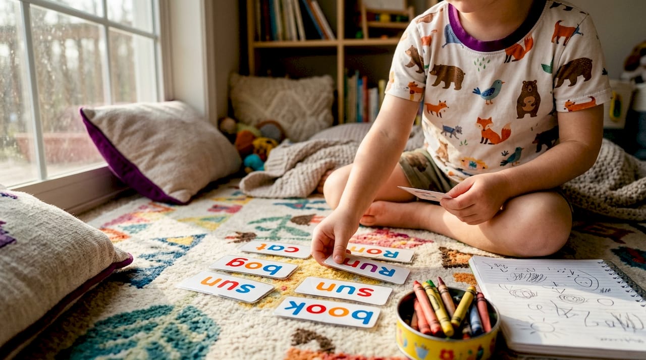 Child arranging word cards for writing activity