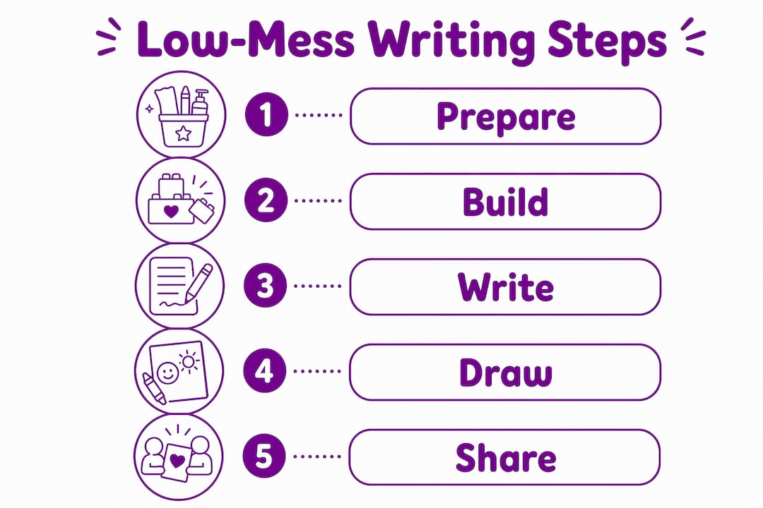 Infographic showing step-by-step low-mess writing routine