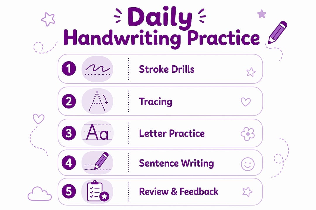 Infographic illustrating daily handwriting practice steps