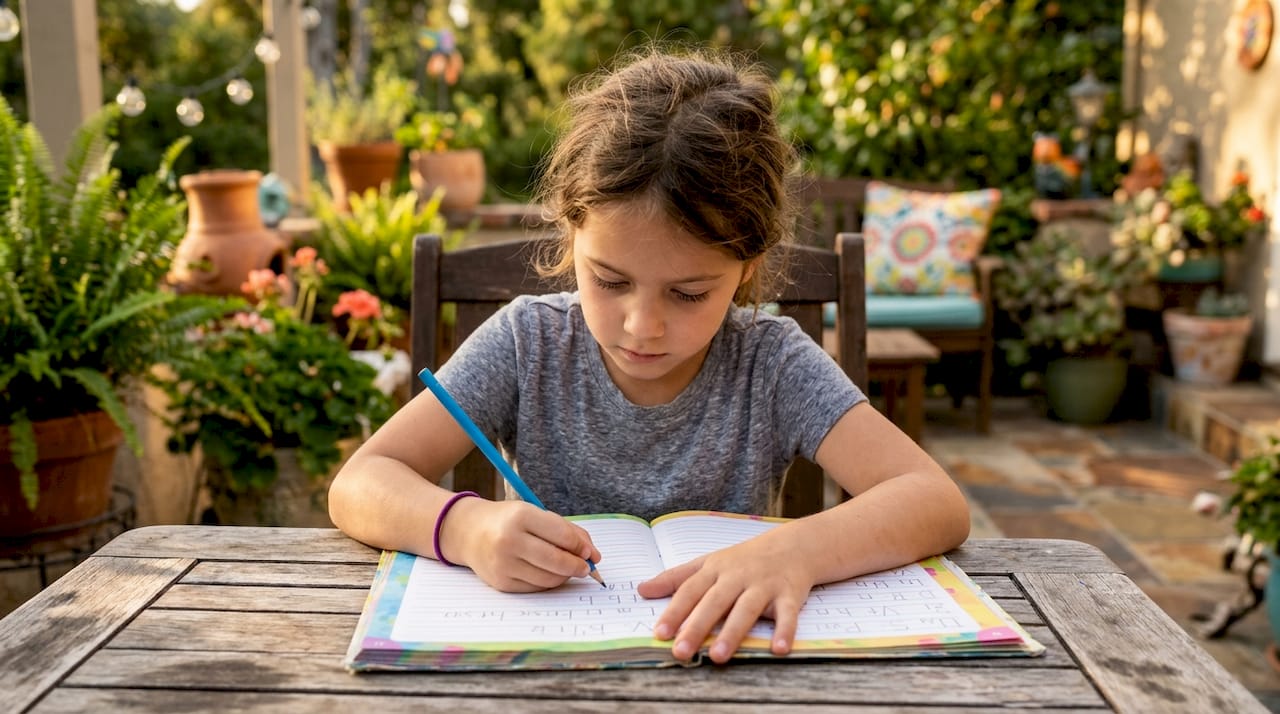 Child's proper pencil grip and posture writing