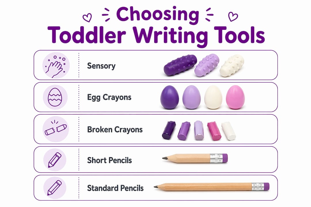 Infographic showing stages of toddler writing tool choices