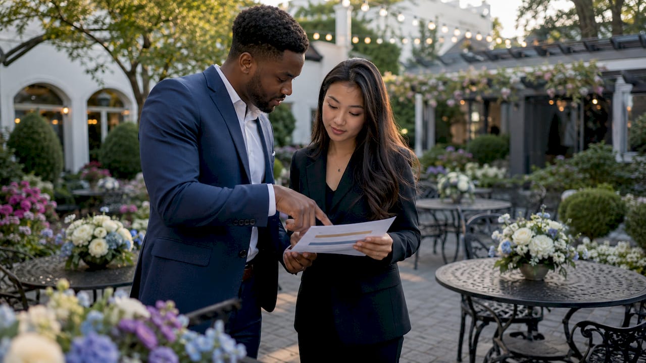 Two event planners discussing venue rental tiers