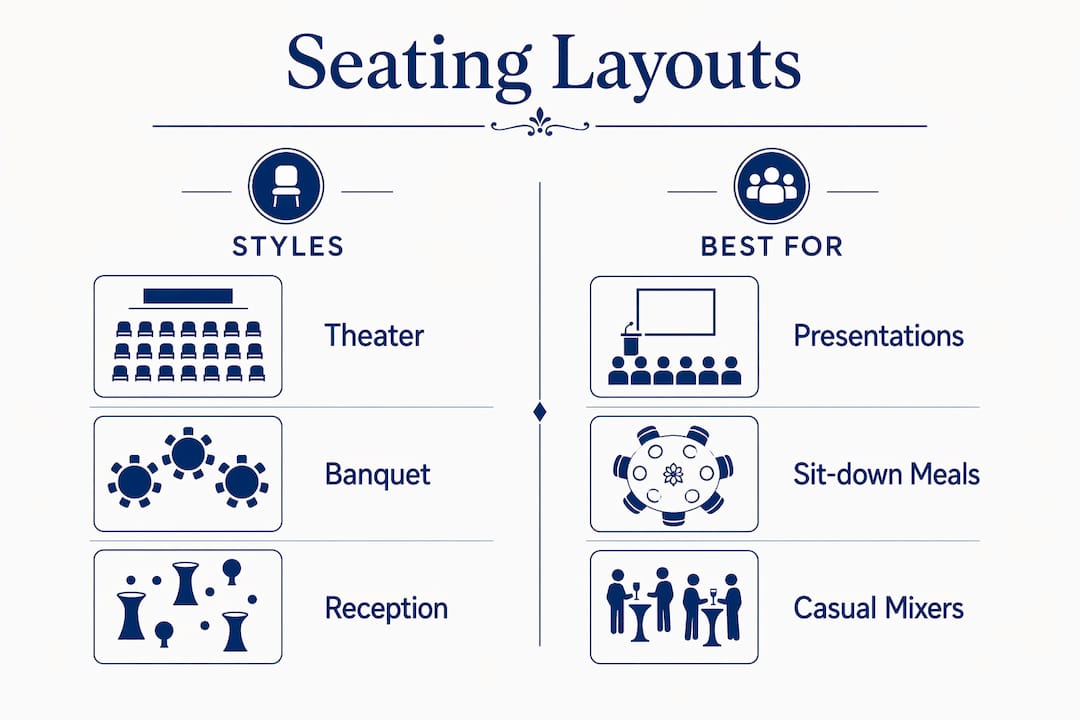 Infographic comparing seating layouts and event types