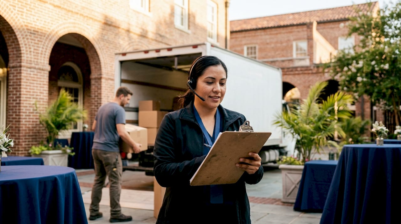 Venue coordinator managing event logistics outdoors