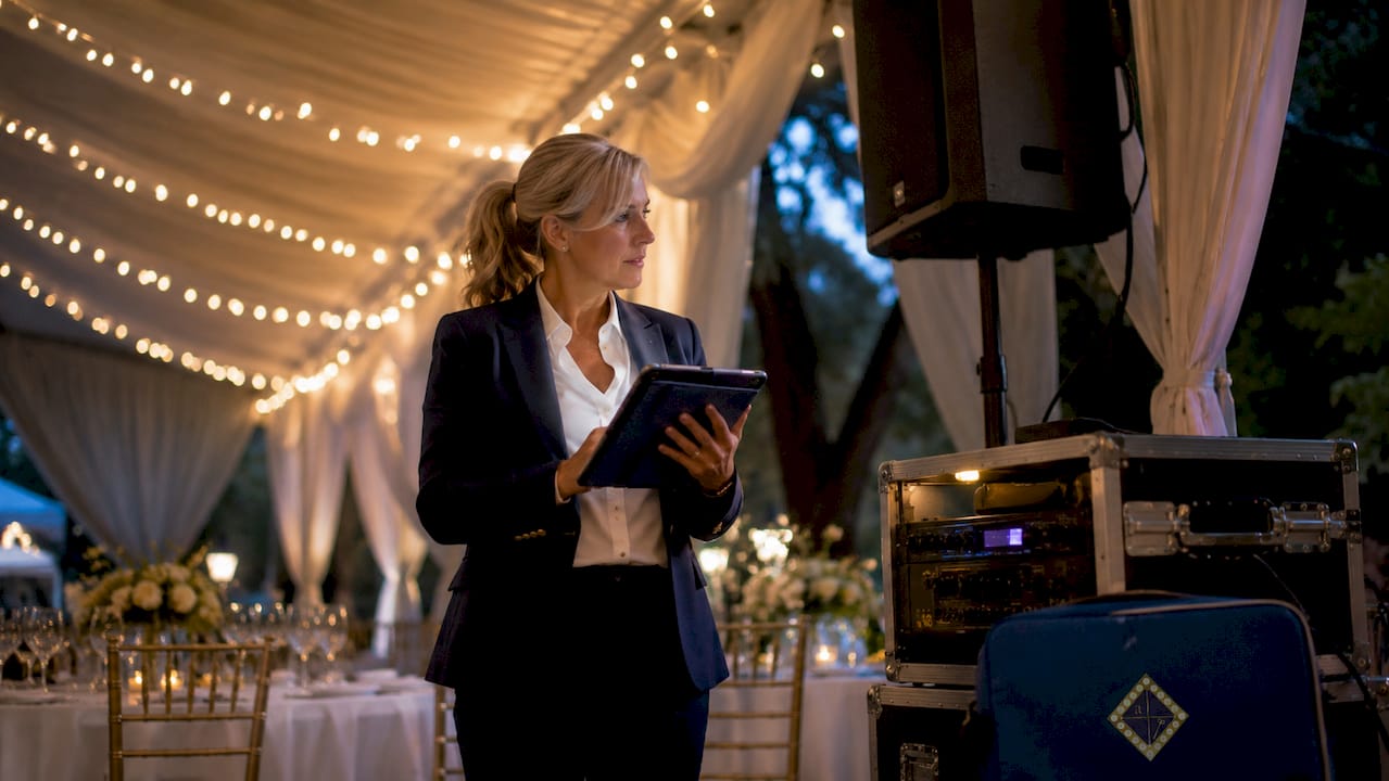 Venue coordinator managing lighting and sound system