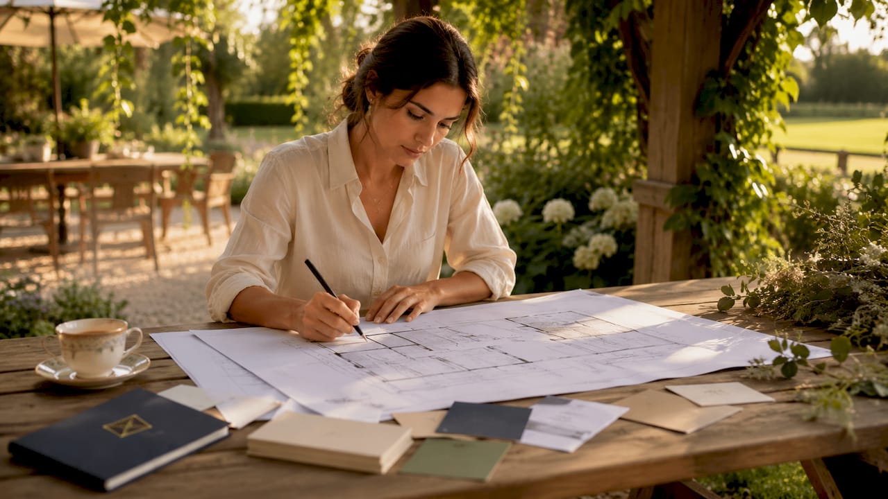 Wedding planner organizing vendor details on venue map