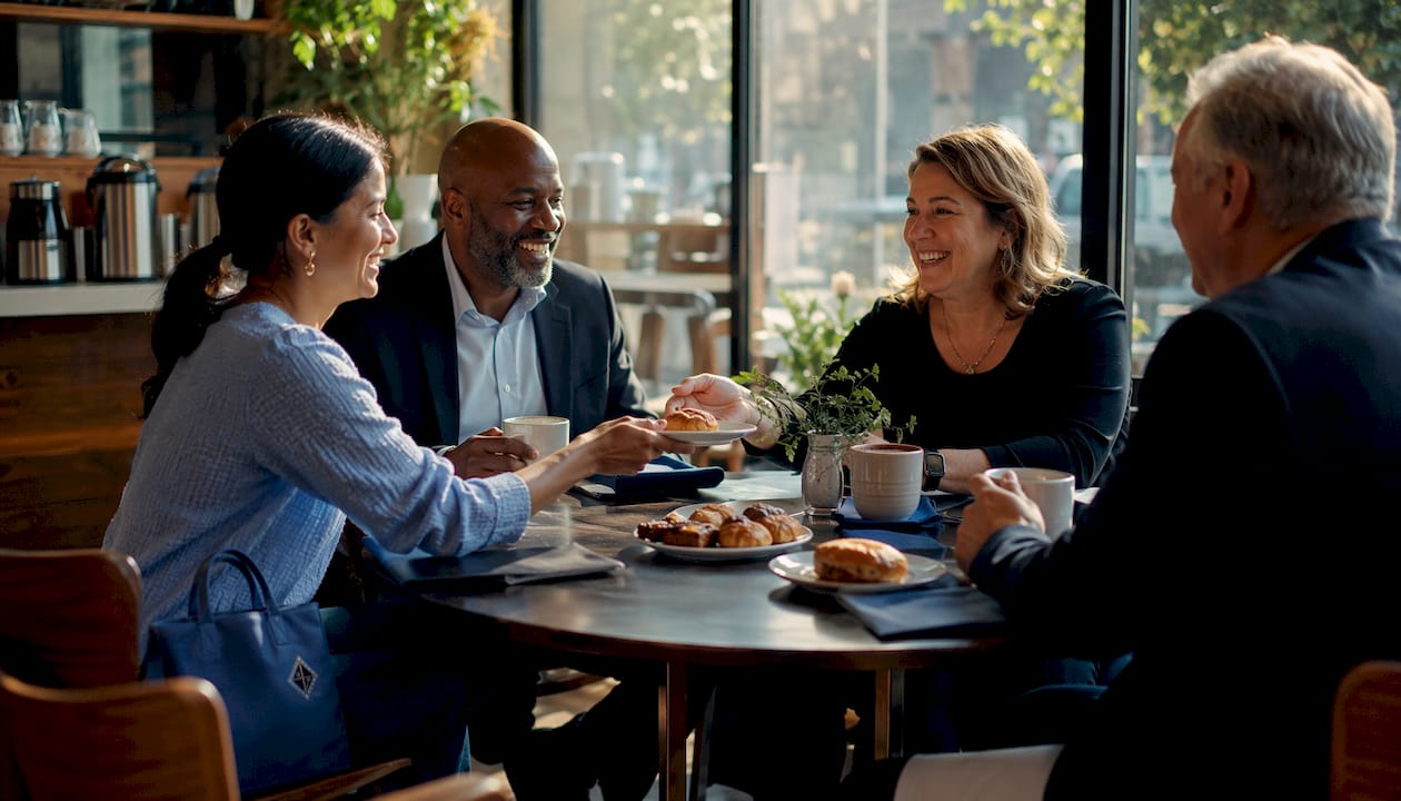 People sharing refreshments at informal repast