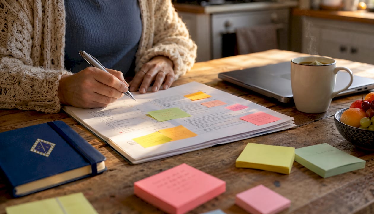 Hands working on wedding planning checklist at table