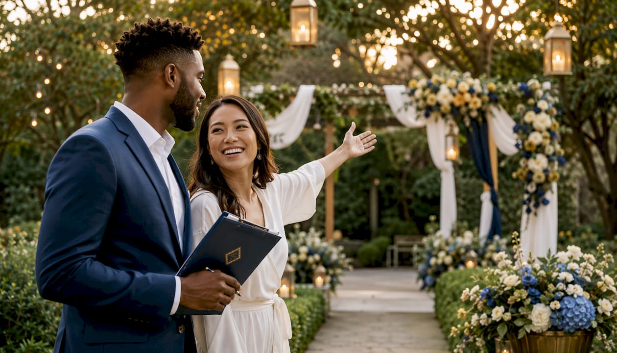 Couple planning customized wedding decor inside venue