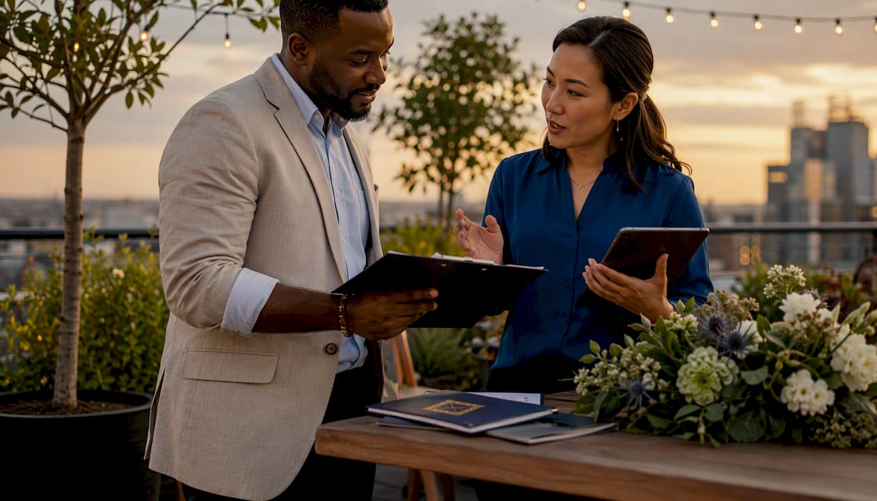 Two coordinators discussing catering service styles