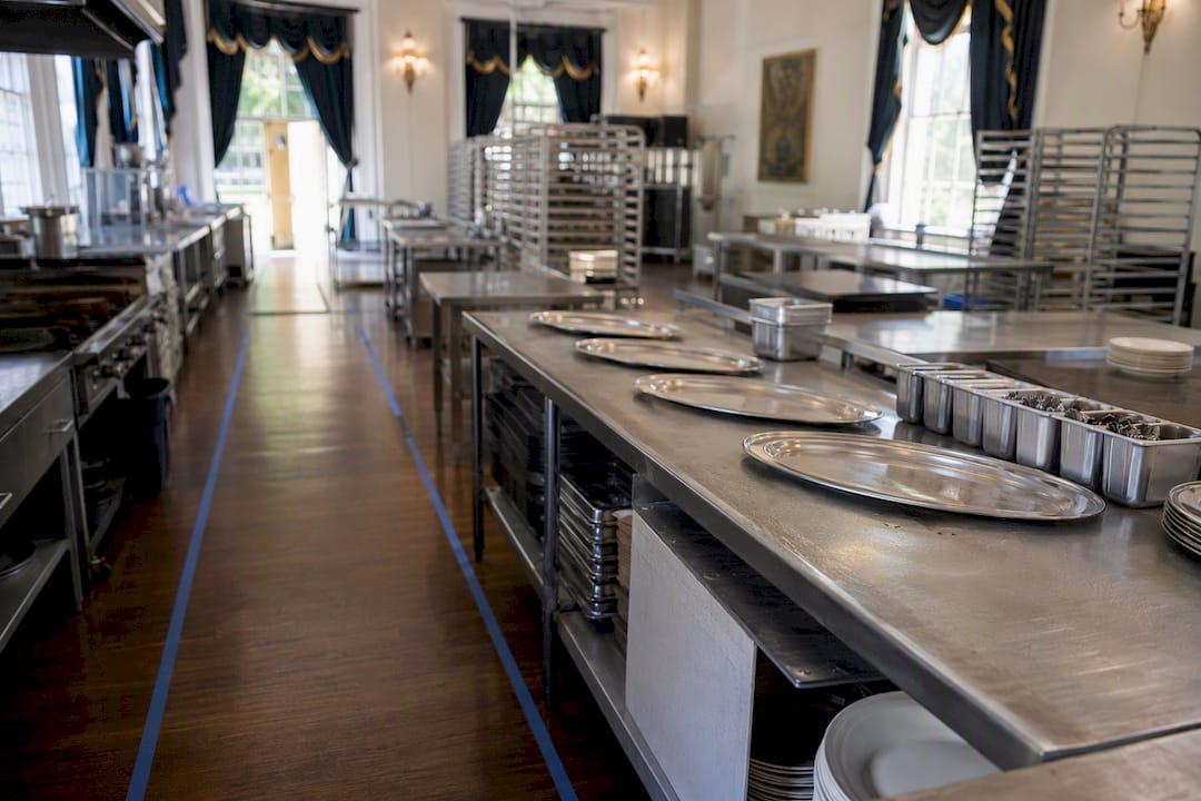 Commercial kitchen layout with staging areas