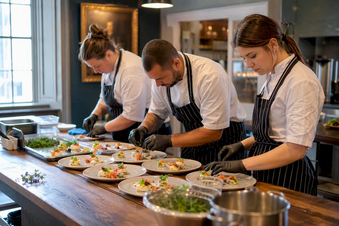 Staff preparing food in historic venue kitchen