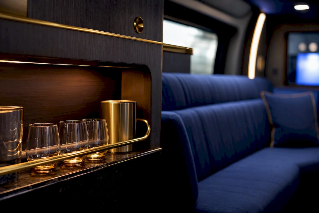 Elegant passenger cabin with navy upholstery