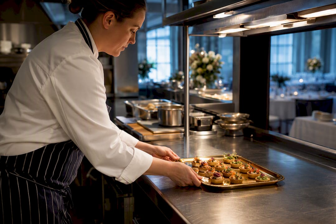 Catering preparation in commercial event kitchen