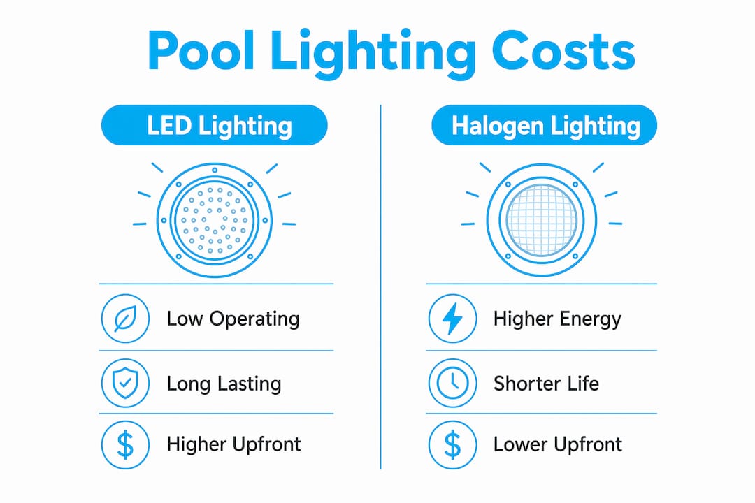 Infographic comparing LED and halogen pool lighting costs