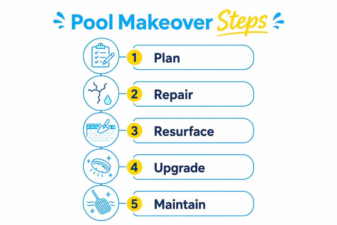 Infographic showing five steps for a pool makeover
