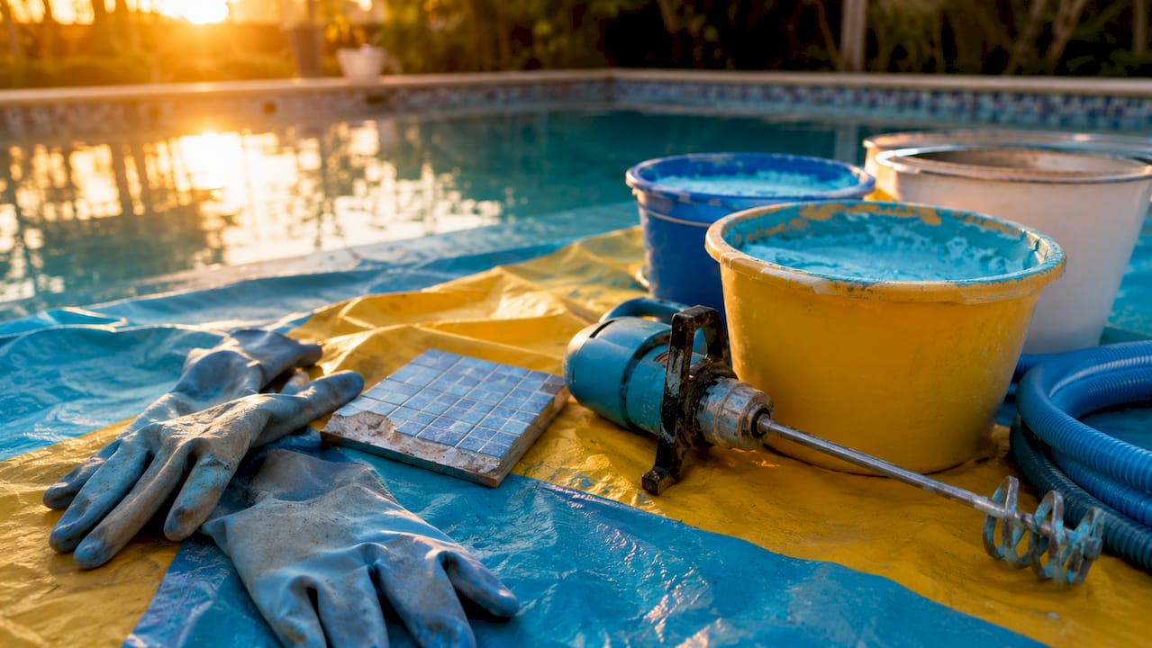 Pool resurfacing tools and plaster buckets
