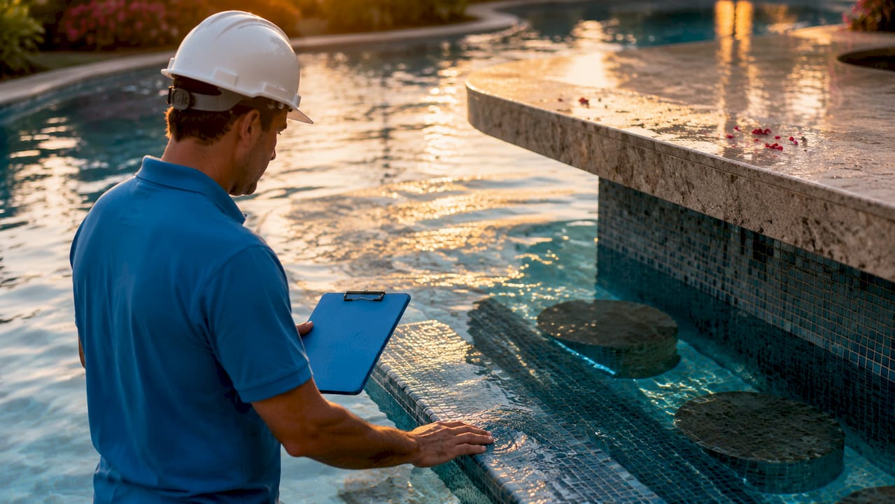 Pool builder inspecting swim-up bar seating ledge