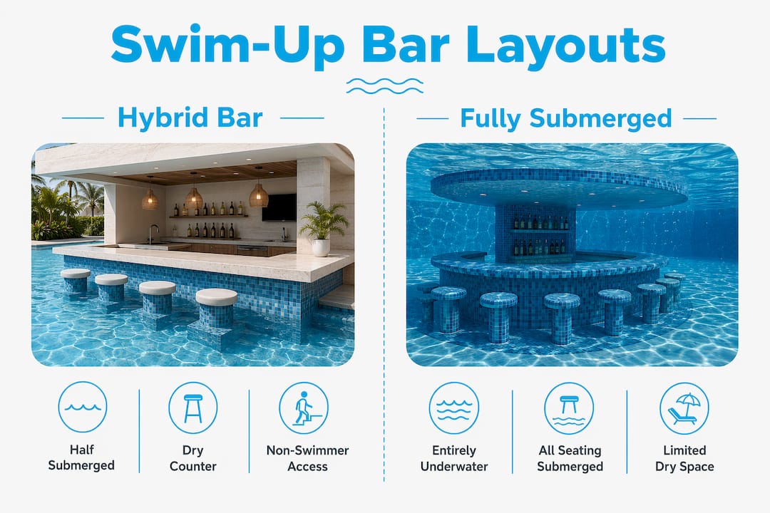 Infographic comparing hybrid and fully submerged swim-up bar layouts
