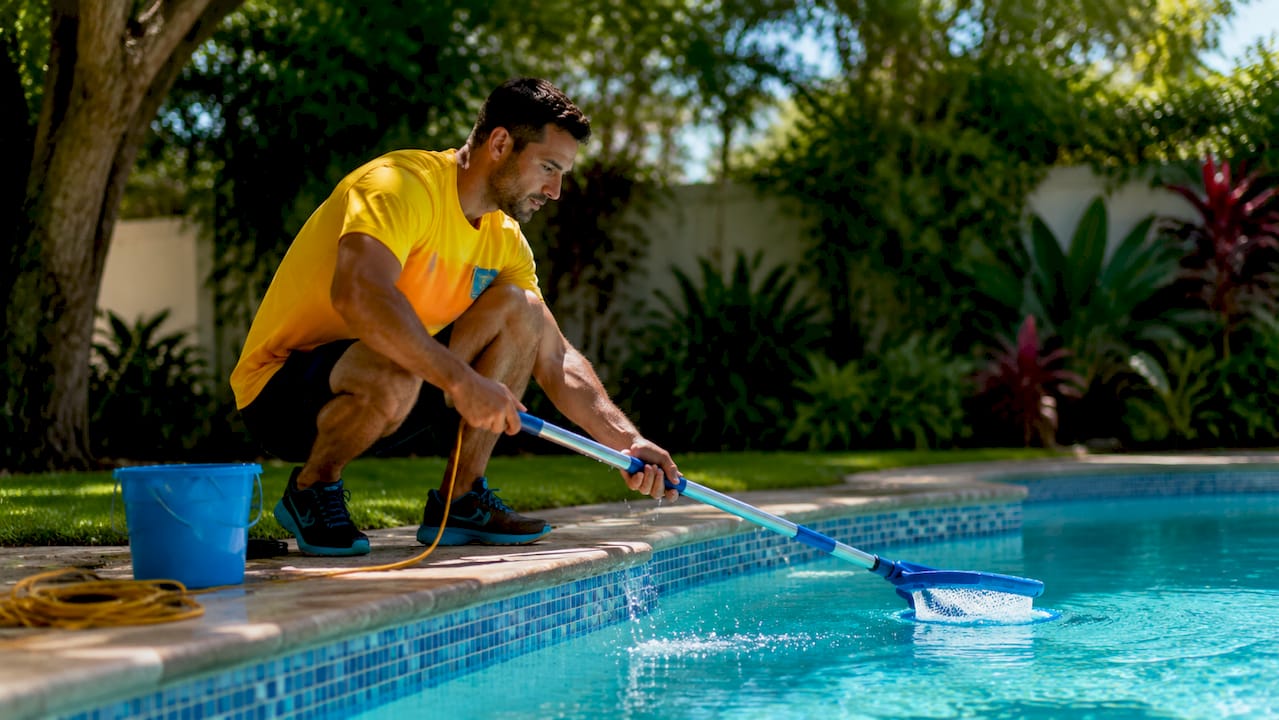 Pool technician skimming residential pool edge