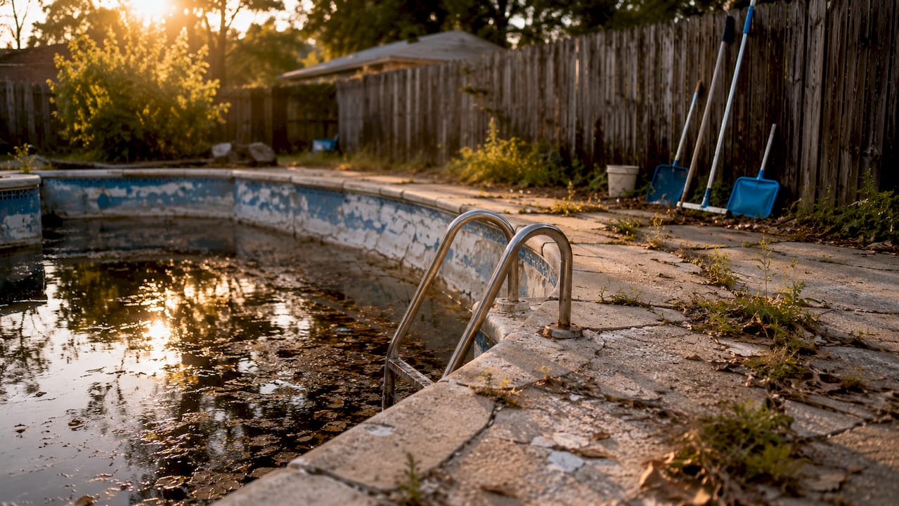 Overhead view of neglected and outdated pool
