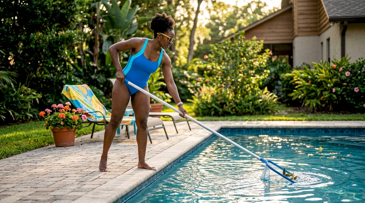 Woman skimming leaves from pool surface