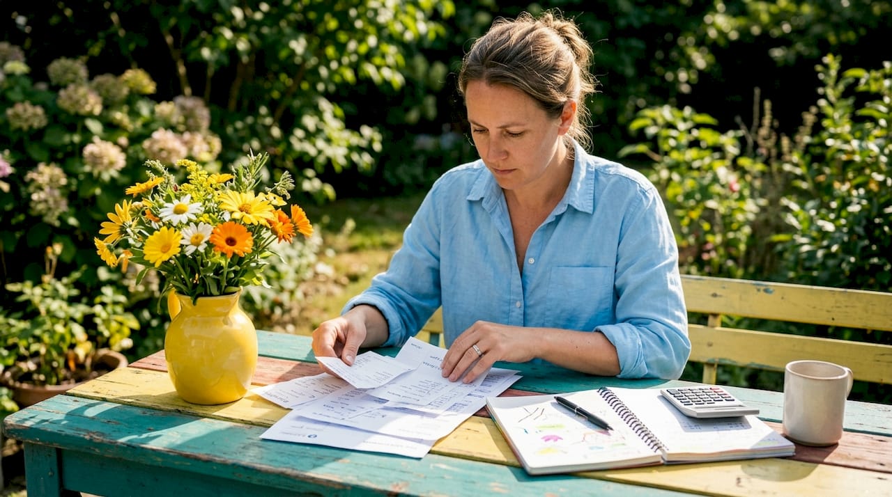 Close-up of hands organizing pool maintenance cost receipts