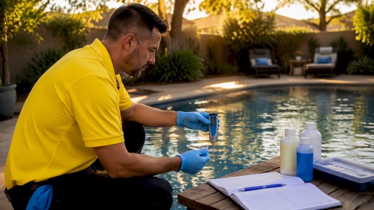 Pool technician testing water chemistry at poolside
