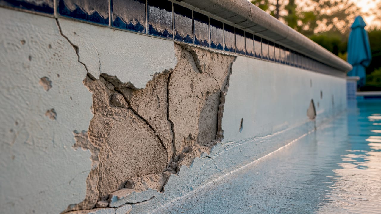 Close-up of peeling and cracked pool plaster