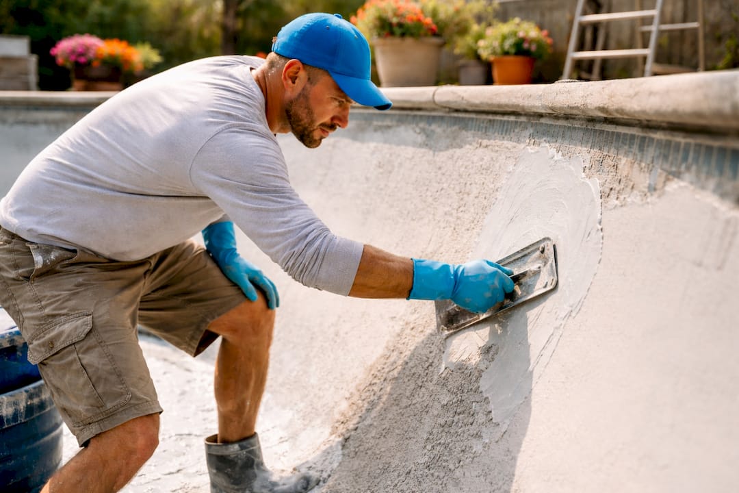 Tradesperson applying plaster inside pool