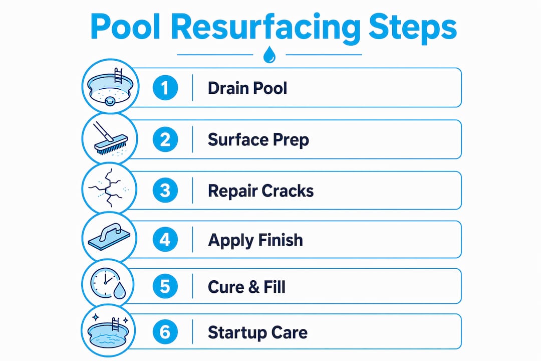 Infographic illustrating six main pool resurfacing steps
