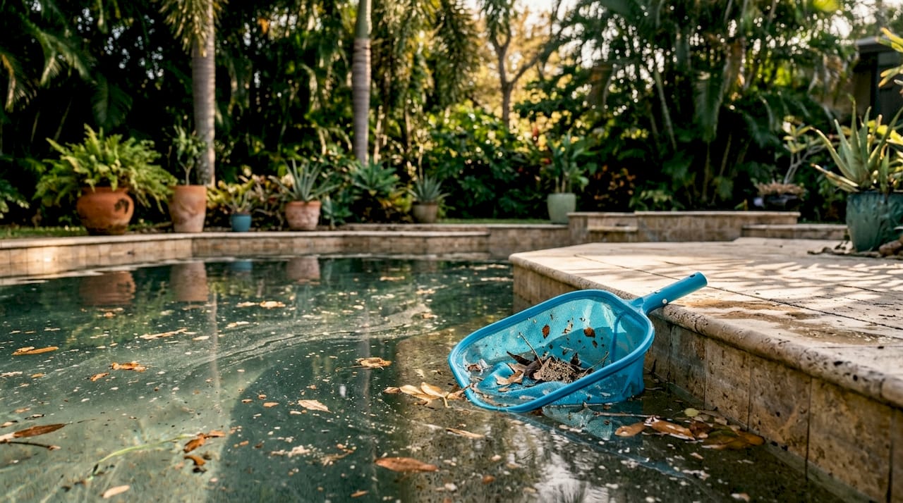 Close-up of pool surface debris and cleaning skimmer