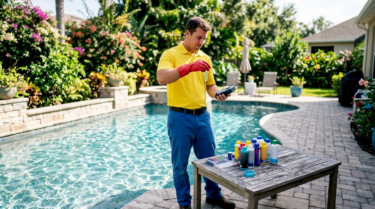 Hands conducting pool water chemistry test near pool