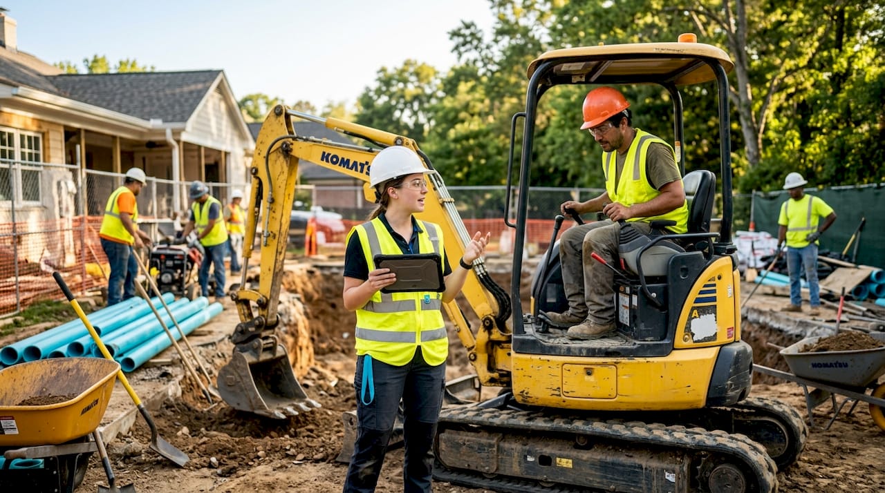 Construction crew working on pool excavation site