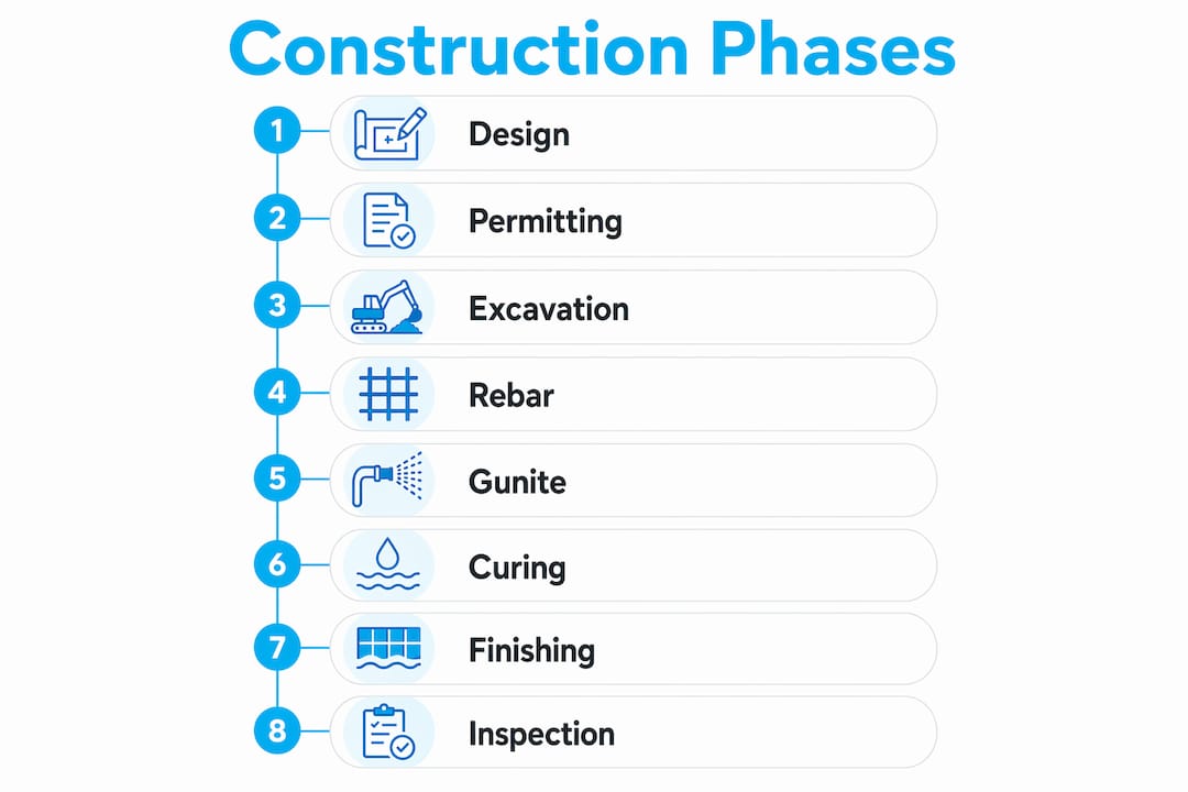 Infographic showing custom pool construction phases timeline