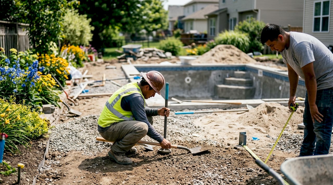 Workers pouring concrete for pool deck outdoors