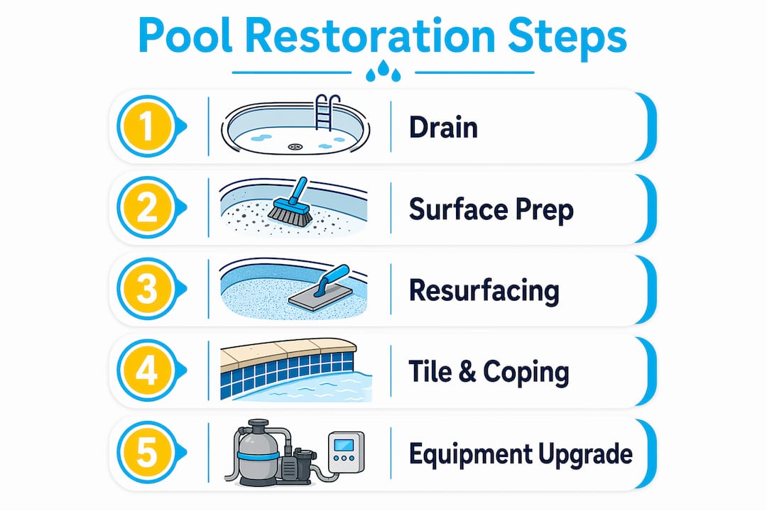 Infographic illustrating steps of pool restoration process