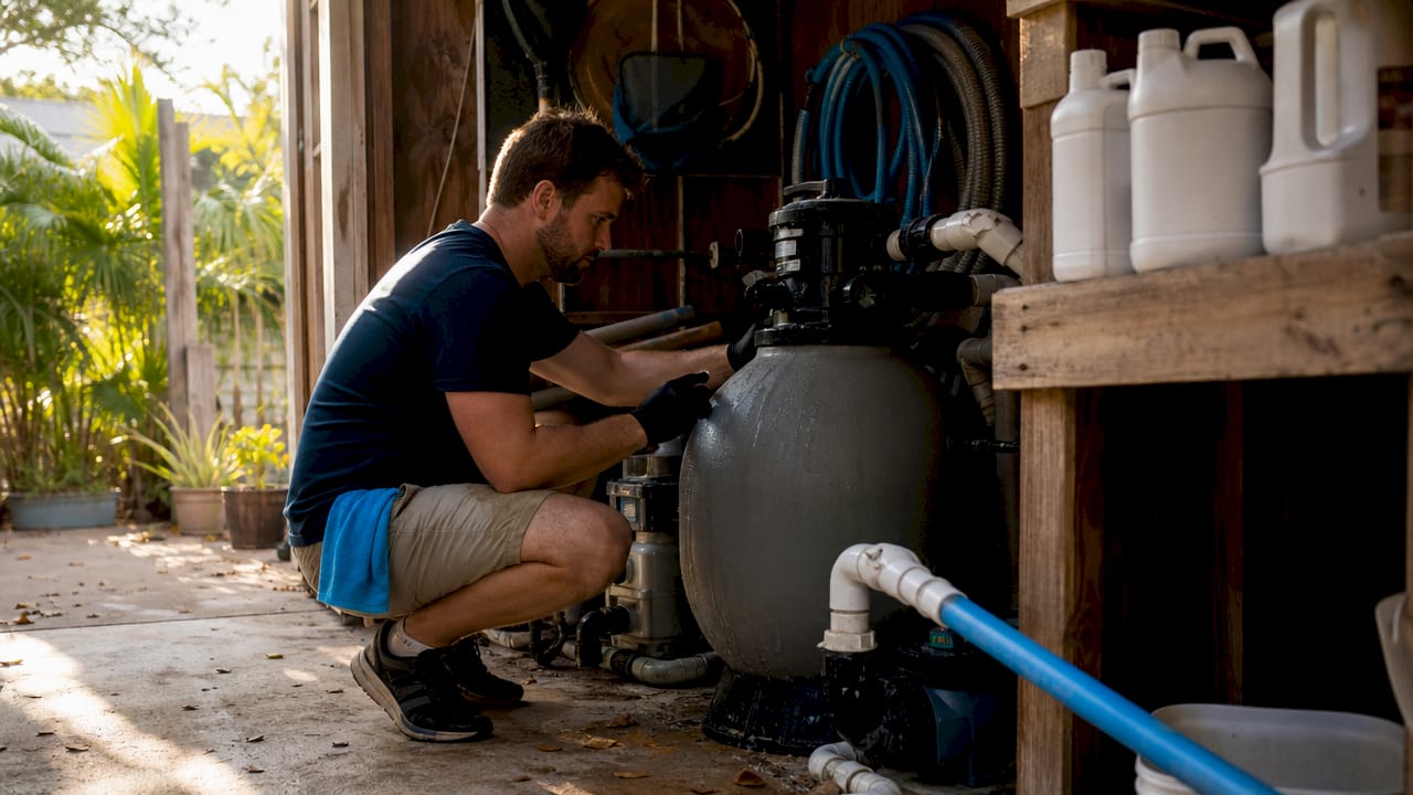 Close-up of hands adjusting pool filter controls