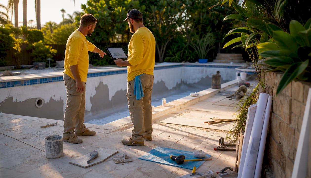 Pool contractors examining pool renovation site outdoors