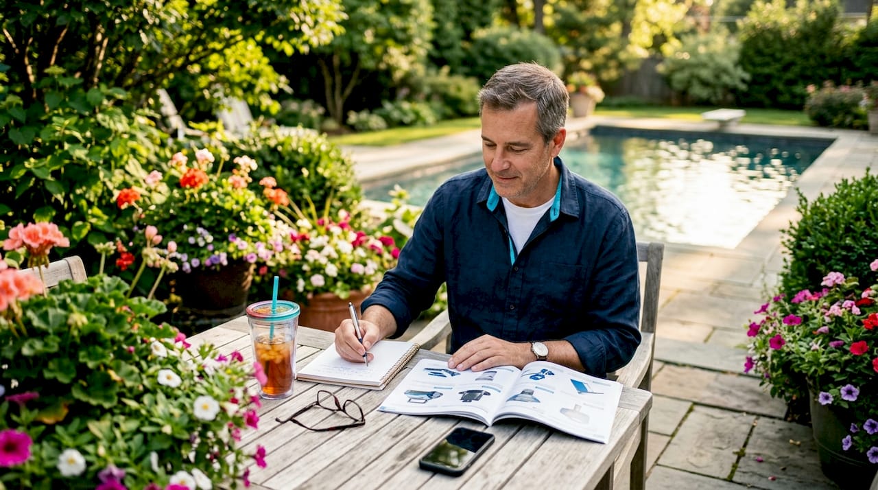Man reviewing pool cleaner types at kitchen table