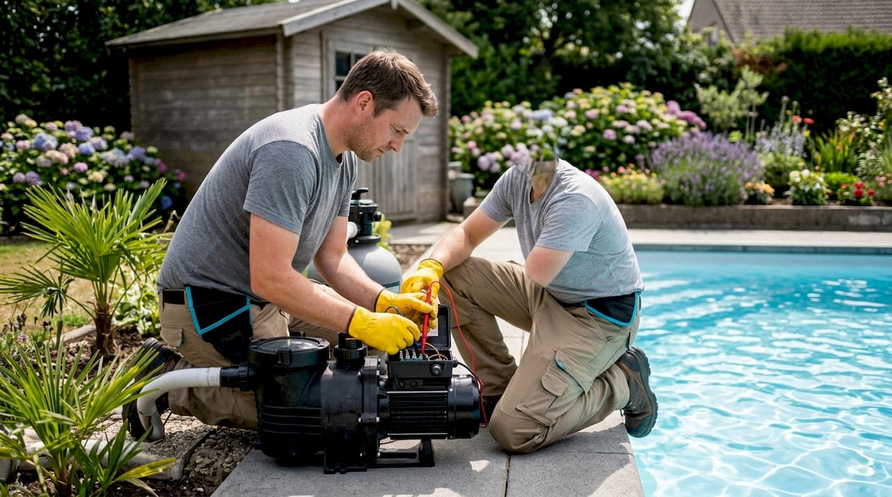 Hands testing pool pump with multimeter