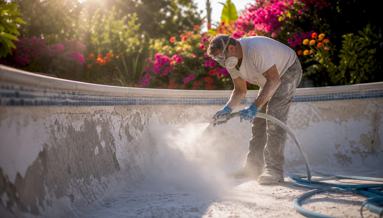 Technician sandblasting pool surface