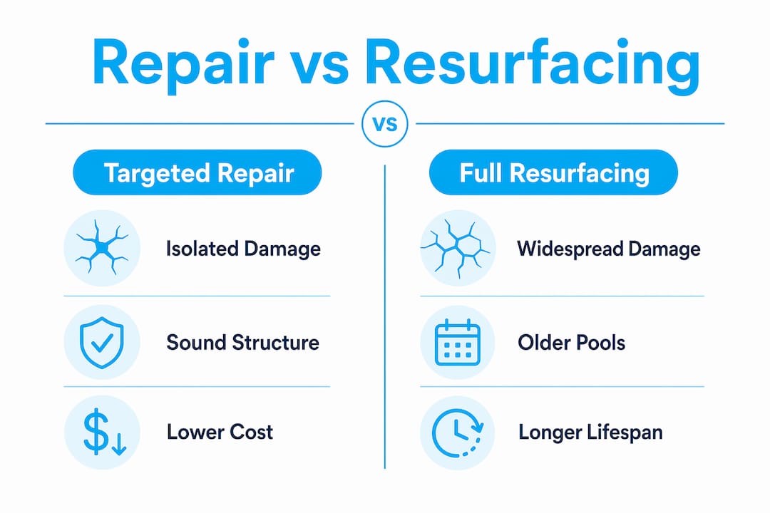 Infographic comparing pool crack repair and full resurfacing