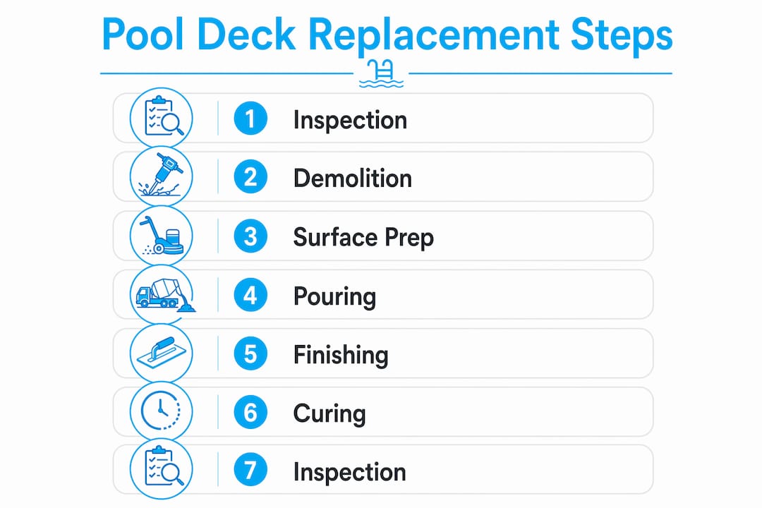 Infographic showing seven steps to replace pool deck