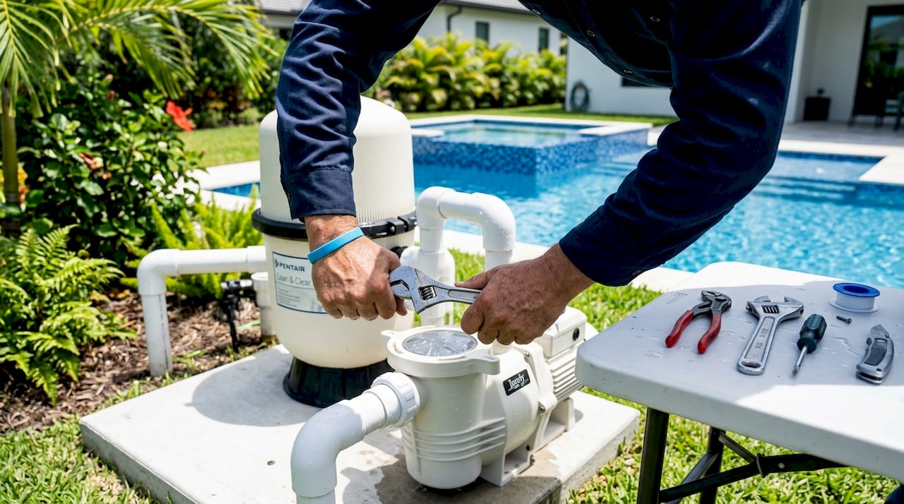 Technician hands repairing pool equipment outdoors