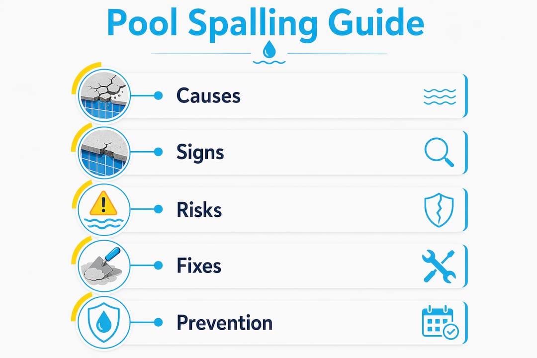 Infographic illustrating causes, signs, risks, fixes, and prevention of pool spalling