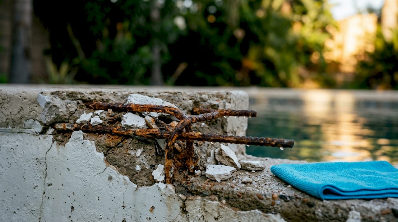 Close-up of rusted rebar causing pool spalling